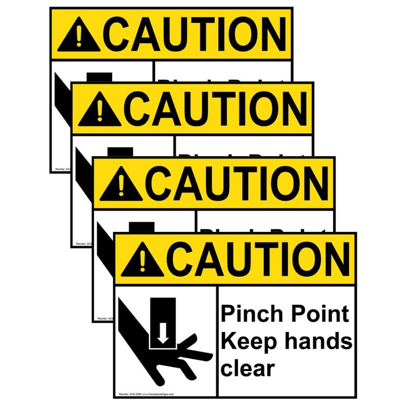 ComplianceSigns علامة تحذير نقطة ضغط ابقِ يديك بعيدًا ملصق ANSI، 5x3.5 بوصة 4-pack من الفينيل للآلات، لافتات أمان مصنوعة في أمريكا لمكان العمل - Image 1